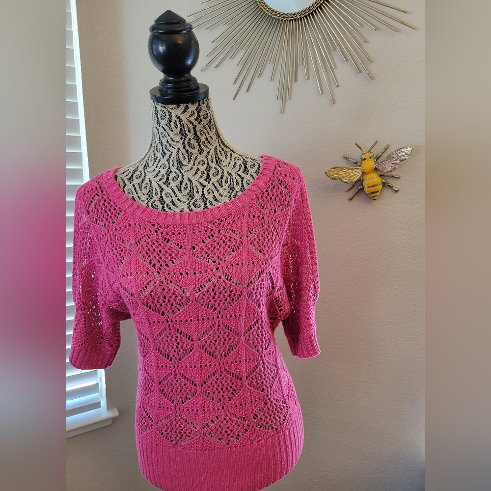 Vintage Candies Hot Pink Knit Tinsel Sweater with Open Sleeves (Size Large)